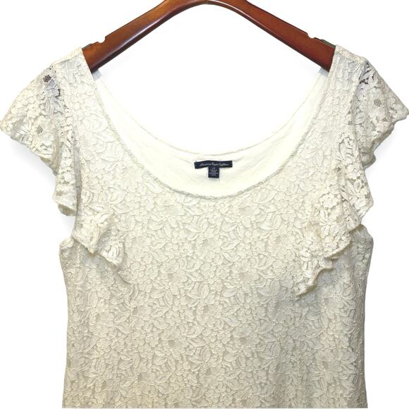 Vintage American Eagle Lace Shift Dress Size Large Flutter Sleeves Cream - Picture 3 of 7